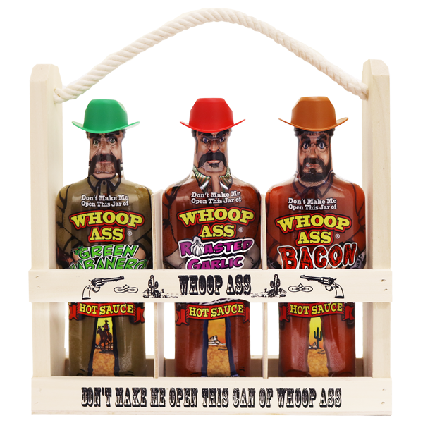 Whoop Ass Hot Sauce Wooden Crate Gift Set: Three 6oz. bottles in a wooden crate.

• Whoop Ass Chipotle Fire Hot Sauce

• Whoop Ass Bacon Hot Sauce

• Whoop Ass Roasted Garlic Hot Sauce
