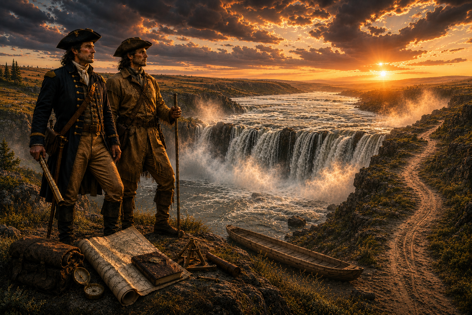Lewis and Clark "Exploration at sunset by the falls" - Artisans Trail Collection
