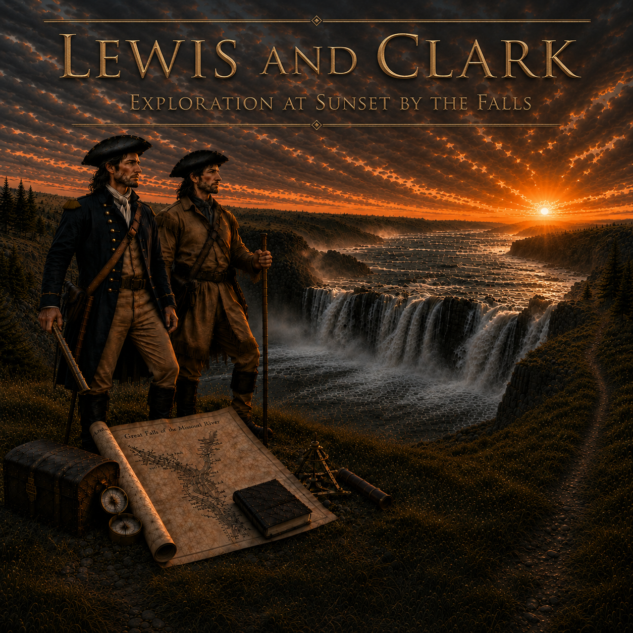 Lewis and Clark "Exploration at Sunset by the Falls" - Lewis and Clark Collection