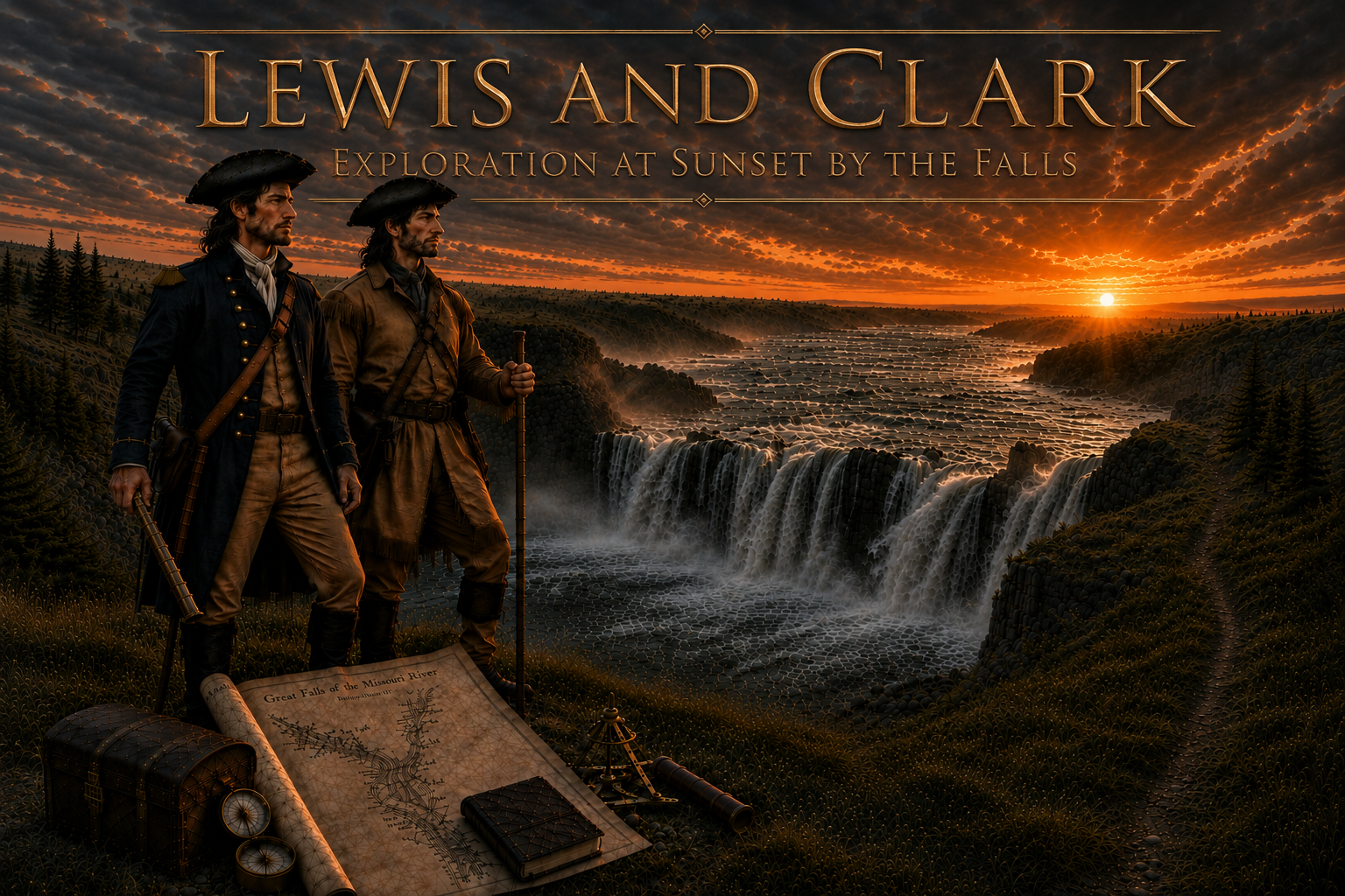 Lewis and Clark "Exploration at Sunset by the Falls" - Lewis and Clark Collection