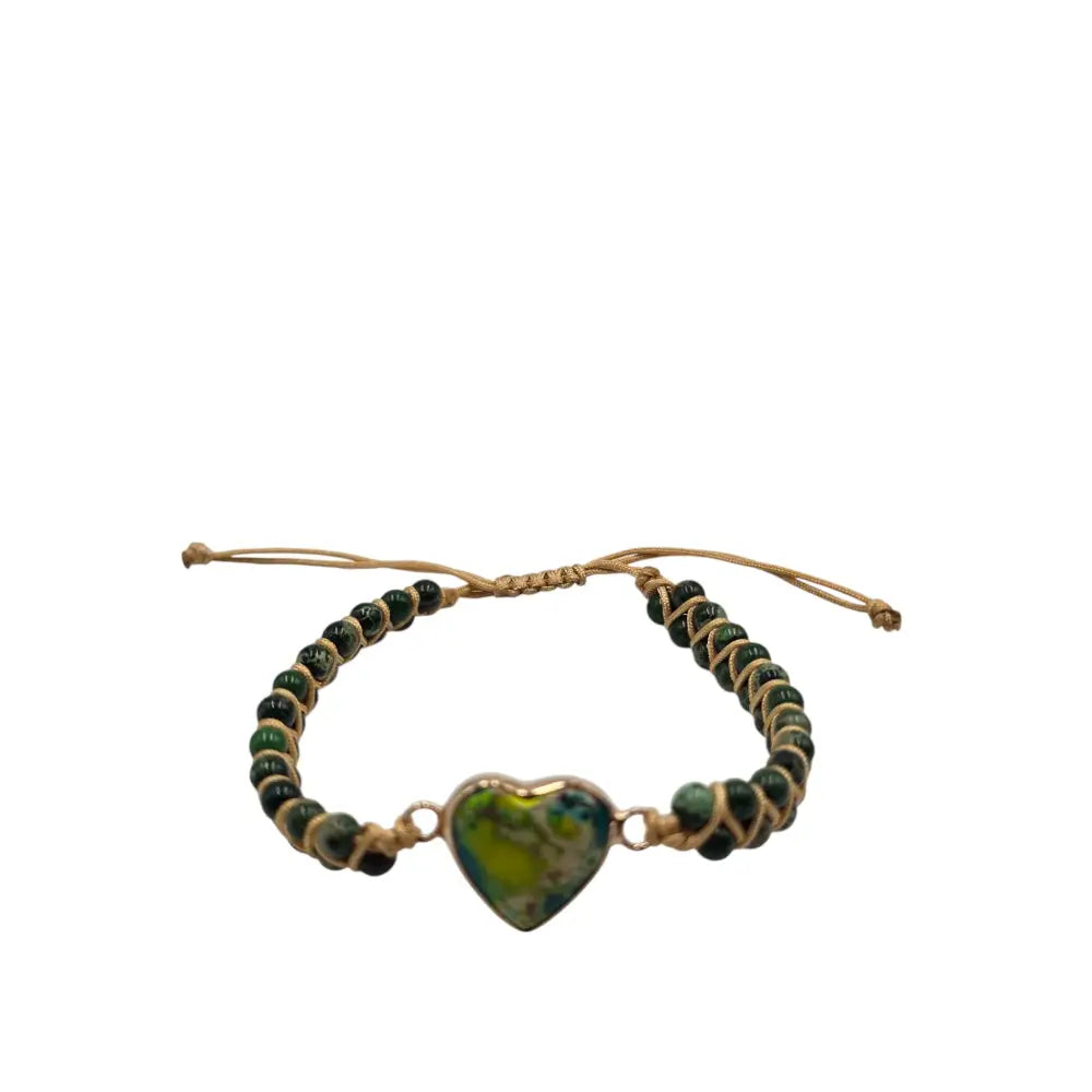 Boho Heart Stone Beaded Adjustable Bracelet Green Sea Sediment Jasper