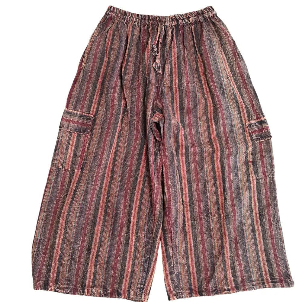 Boho Hippie Handmade Casual Burgundy Cotton Stripe Pants