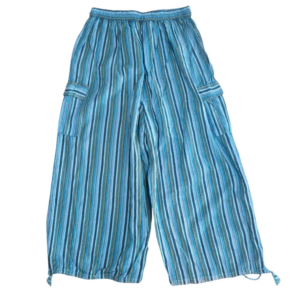 Boho Hippie Handmade Casual Turquoise Cotton Stripe Pants