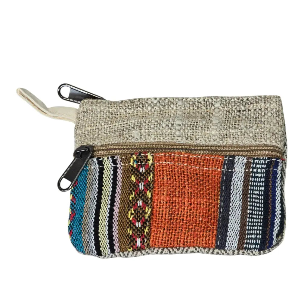 Boho Multi-Color Woven Hemp Coin Purse with 2 Zippered Compartments