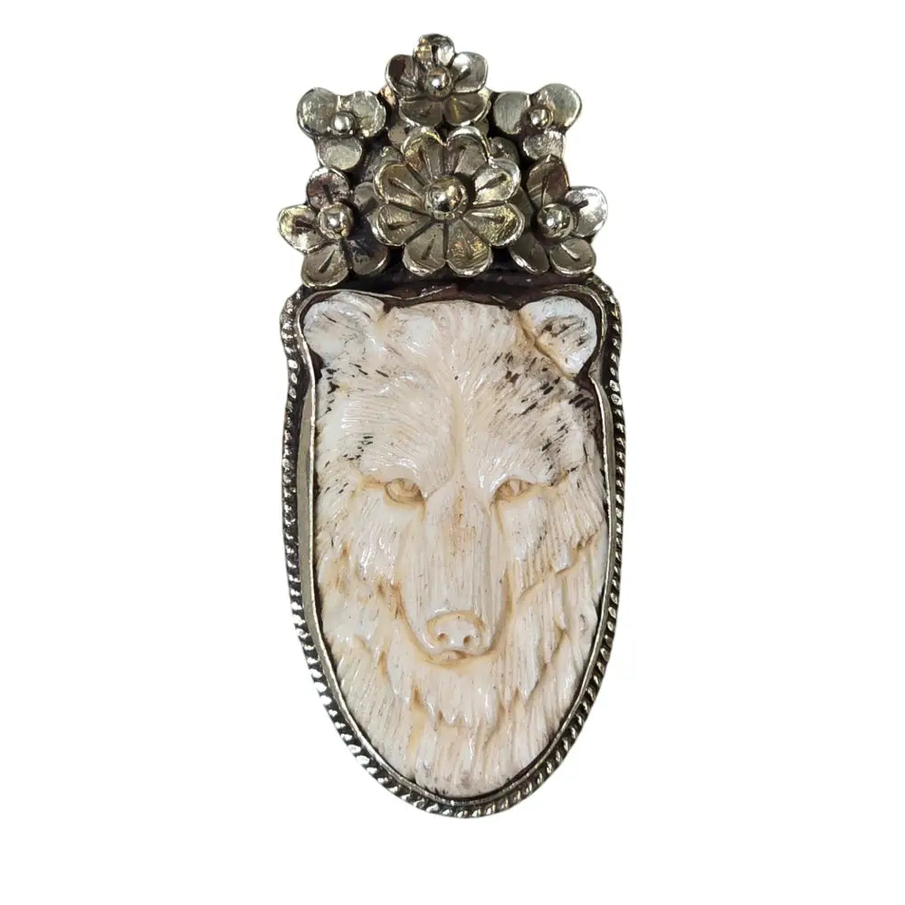 Hand-Carved Natural Bone Bear Pendant Featuring a Tibetan Silver Design