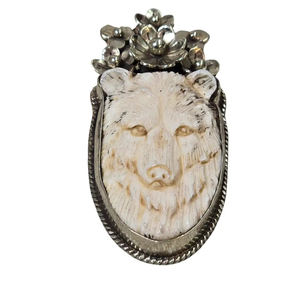 Hand-Carved Natural Bone Bear Pendant Featuring a Tibetan Silver Design