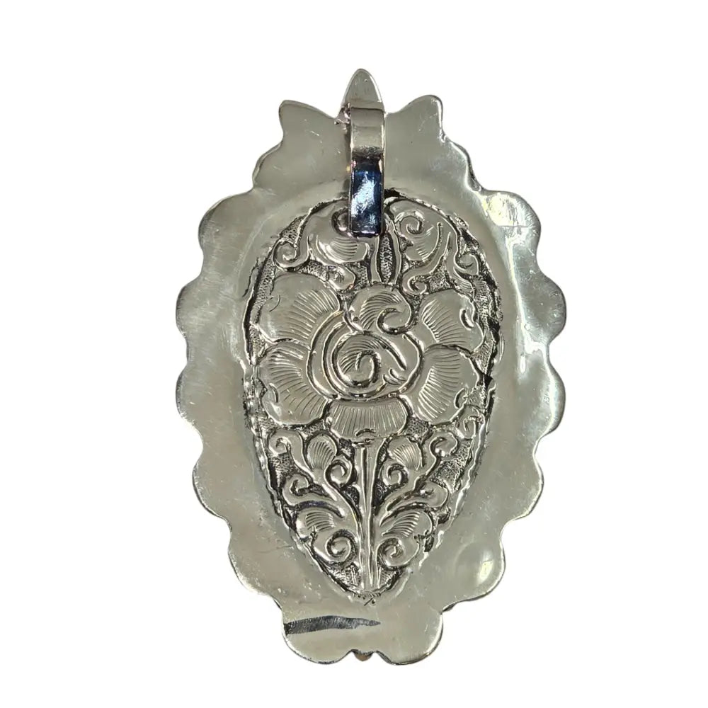 Hand-Carved Natural Bone Buffalo Head Pendant set with Natural Turquoise Featuring a Tibetan Silver Design