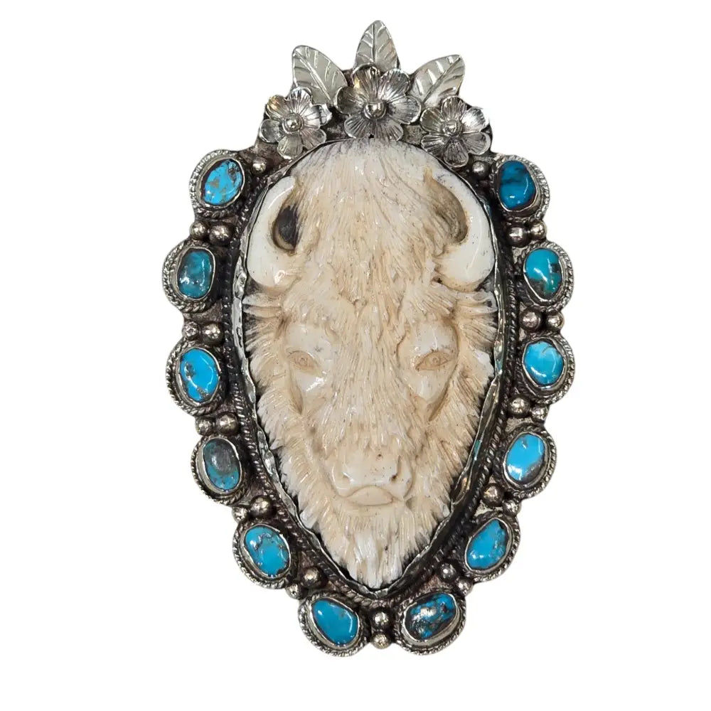 Hand-Carved Natural Bone Buffalo Head Pendant set with Natural Turquoise Featuring a Tibetan Silver Design
