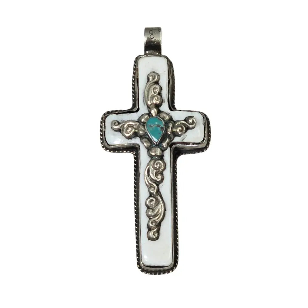 Hand-Carved Natural Bone Cross Pendant set with Natural Turquoise Featuring a Tibetan Silver Design
