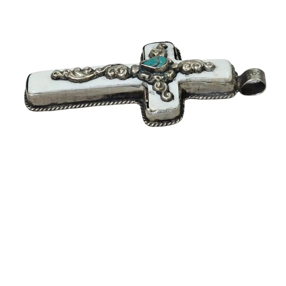 Hand-Carved Natural Bone Cross Pendant set with Natural Turquoise Featuring a Tibetan Silver Design