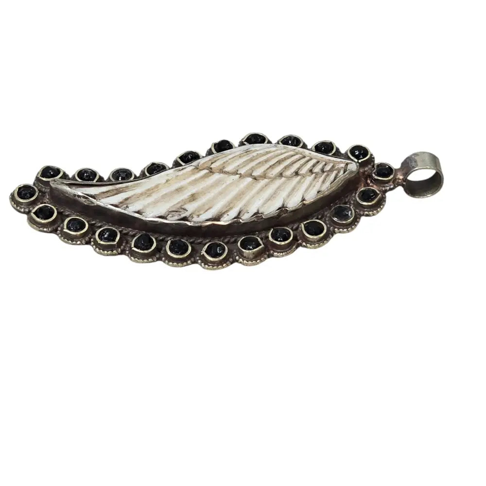 Hand-Carved Natural Bone Eagle Wing Pendant Featuring a Tibetan Silver Design