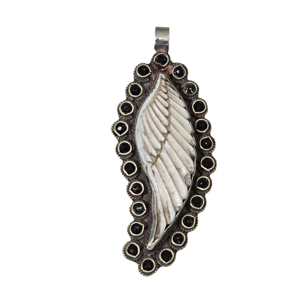 Hand-Carved Natural Bone Eagle Wing Pendant Featuring a Tibetan Silver Design