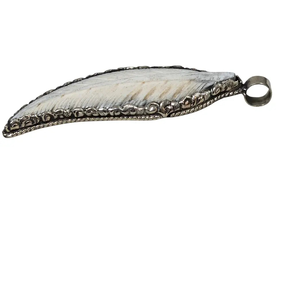 Hand-Carved Natural Bone Feather Pendant set with Natural Turquoise Featuring a Tibetan Silver Design
