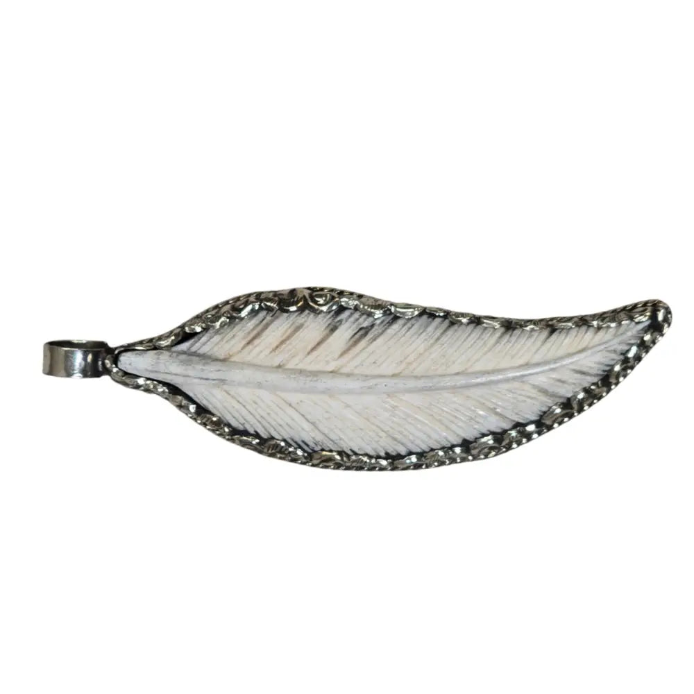 Hand-Carved Natural Bone Feather Pendant set with Natural Turquoise Featuring a Tibetan Silver Design