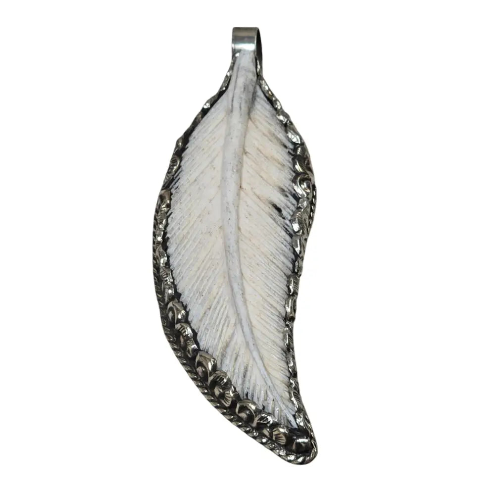 Hand-Carved Natural Bone Feather Pendant set with Natural Turquoise Featuring a Tibetan Silver Design
