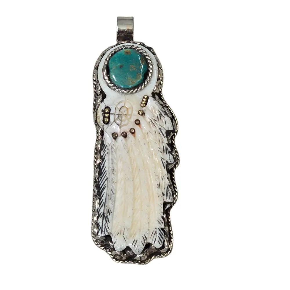Hand-Carved Natural Bone Feather Pendant with Natural Turquoise Concho Featuring a Tibetan Silver Design