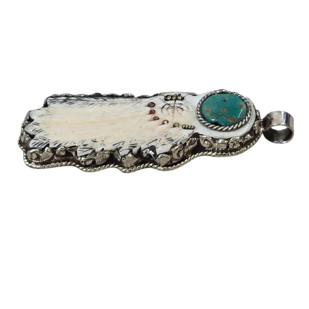 Hand-Carved Natural Bone Feather Pendant with Natural Turquoise Concho Featuring a Tibetan Silver Design