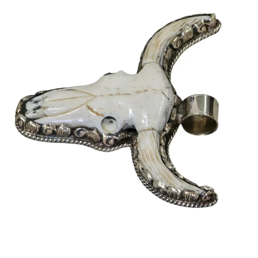 Hand-Carved Natural Bone Longhorn Bull Pendant Adorned with a Tibetan Silver Design