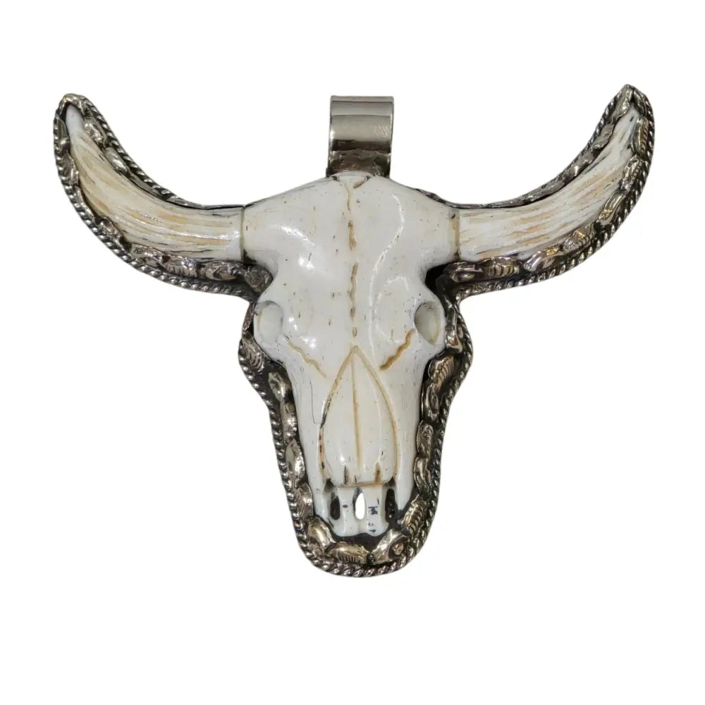 Hand-Carved Natural Bone Longhorn Bull Pendant Adorned with a Tibetan Silver Design