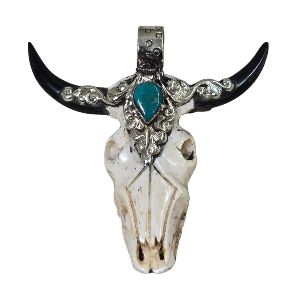 Hand-Carved Natural Bone Longhorn Bull Pendant set with Natural Turquoise Featuring a Tibetan Silver Design