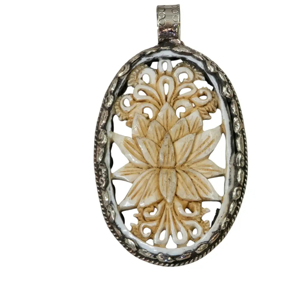 Hand-Carved Natural Bone Lotus Flower Pendant Featuring a Tibetan Silver Design