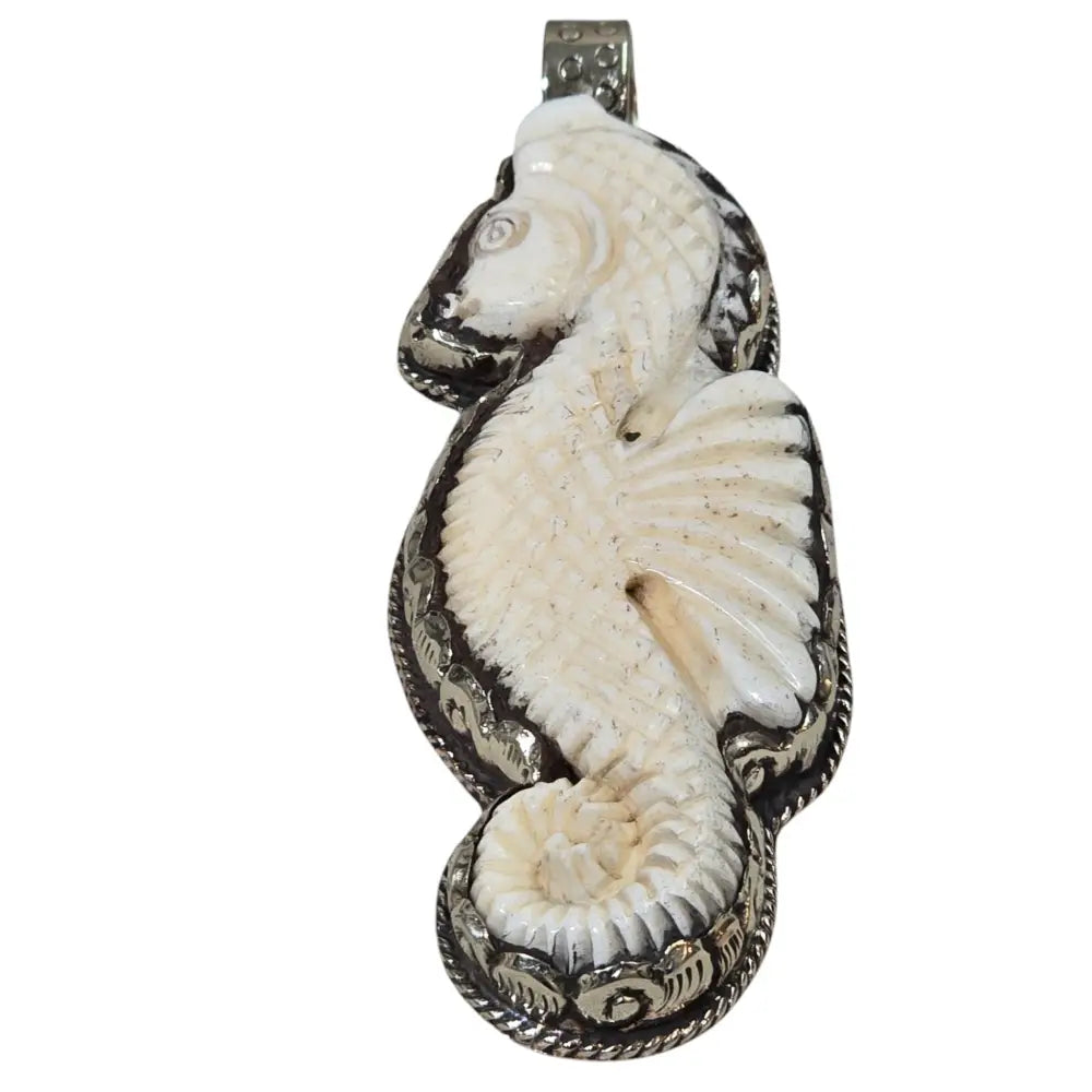 Hand-Carved Natural Bone Sea Horse Pendant Featuring a Tibetan Silver Design