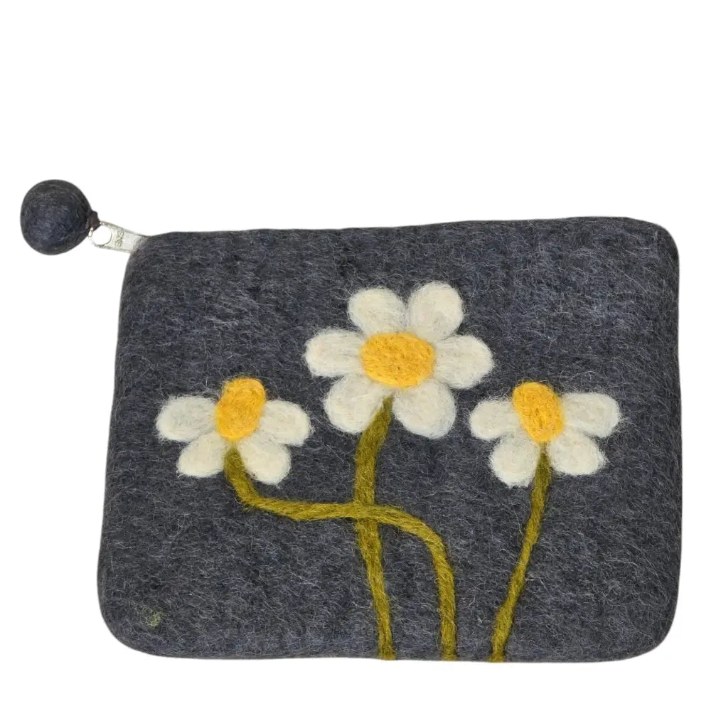 Hand Crafted Wool Felt Coin Purse Gray in Color Emblazoned with a Daisy Flower