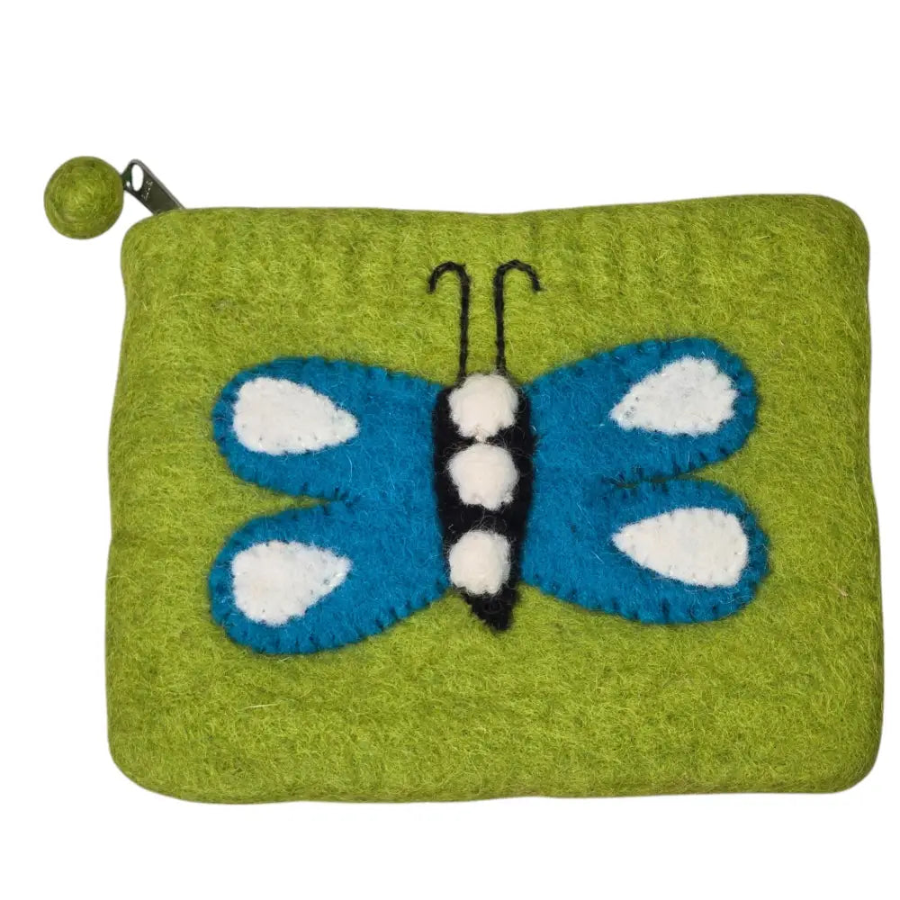 Hand Crafted Wool Felt Coin Purse Green in Color Emblazoned with a Butterfly