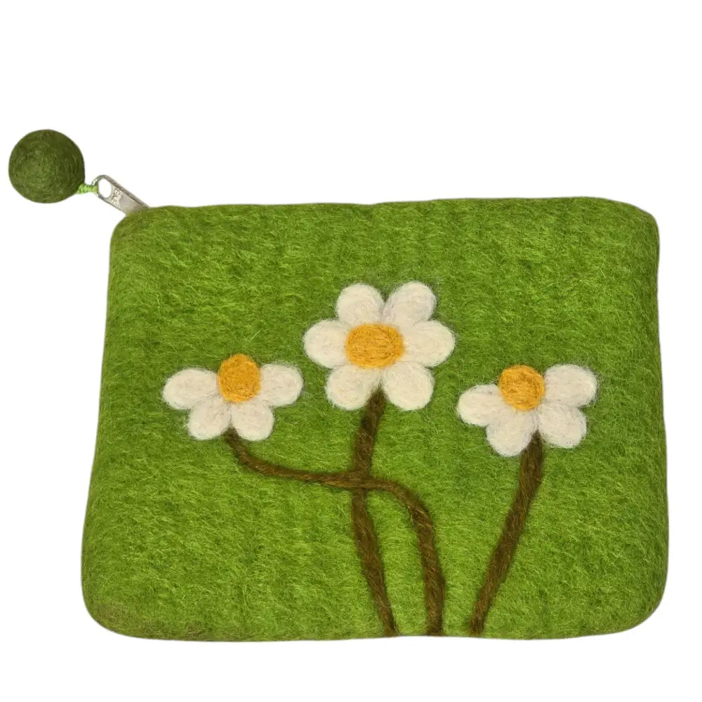 Hand Crafted Wool Felt Coin Purse Green in Color Emblazoned with a Daisy Flower