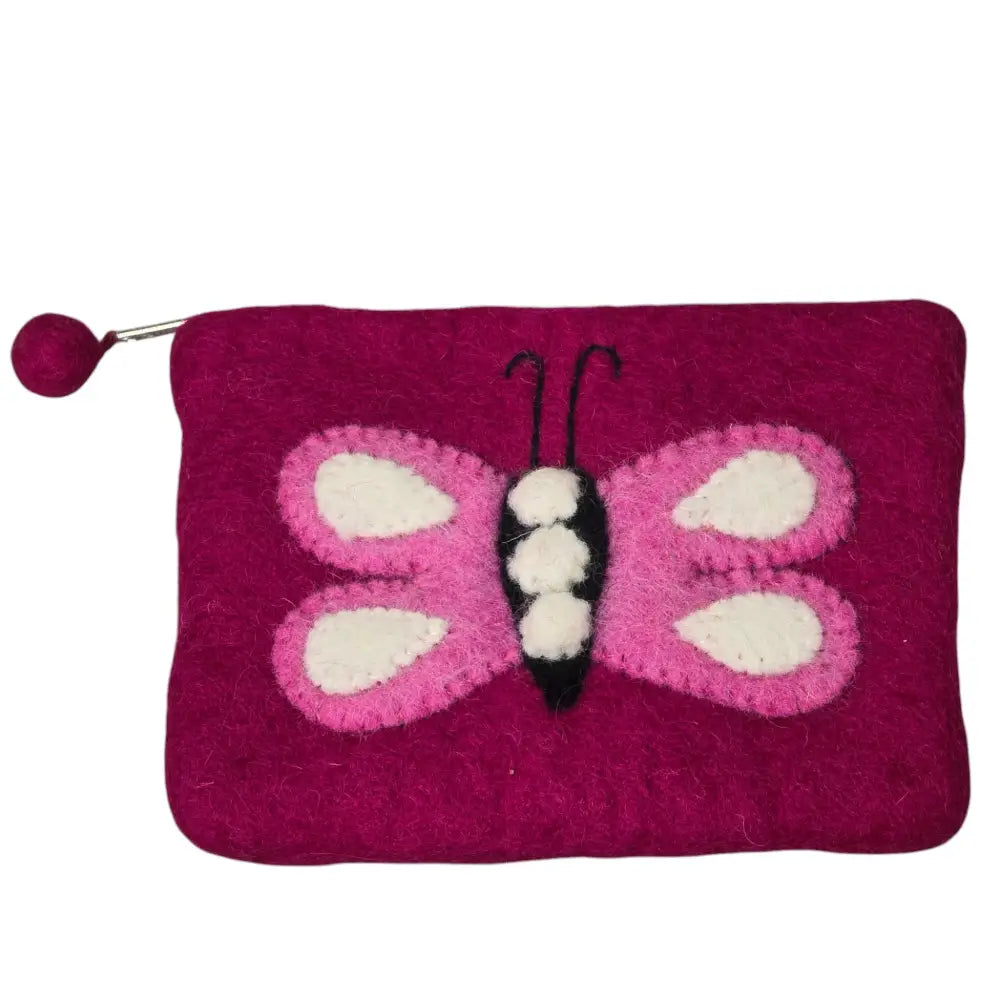 Hand Crafted Wool Felt Coin Purse Magenta in Color Emblazoned with a Butterfly