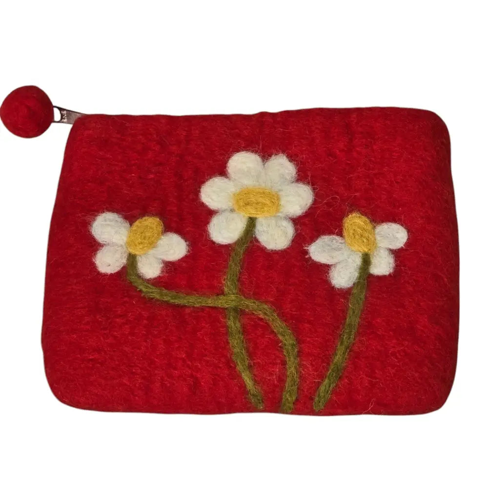 Hand Crafted Wool Felt Coin Purse Red in Color Emblazoned with a Daisy Flower