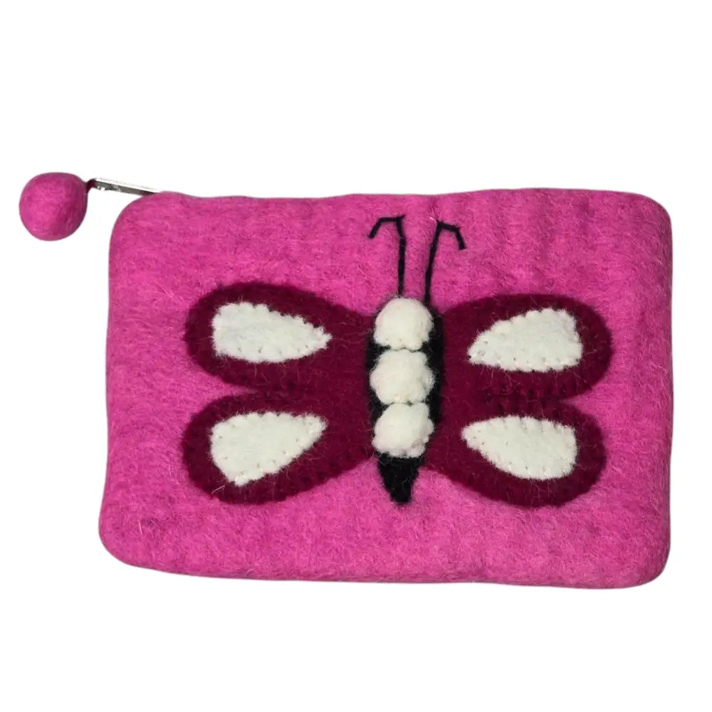 Hand Crafted Wool Felt Coin Purse Rose Pink in Color Emblazoned with a Butterfly
