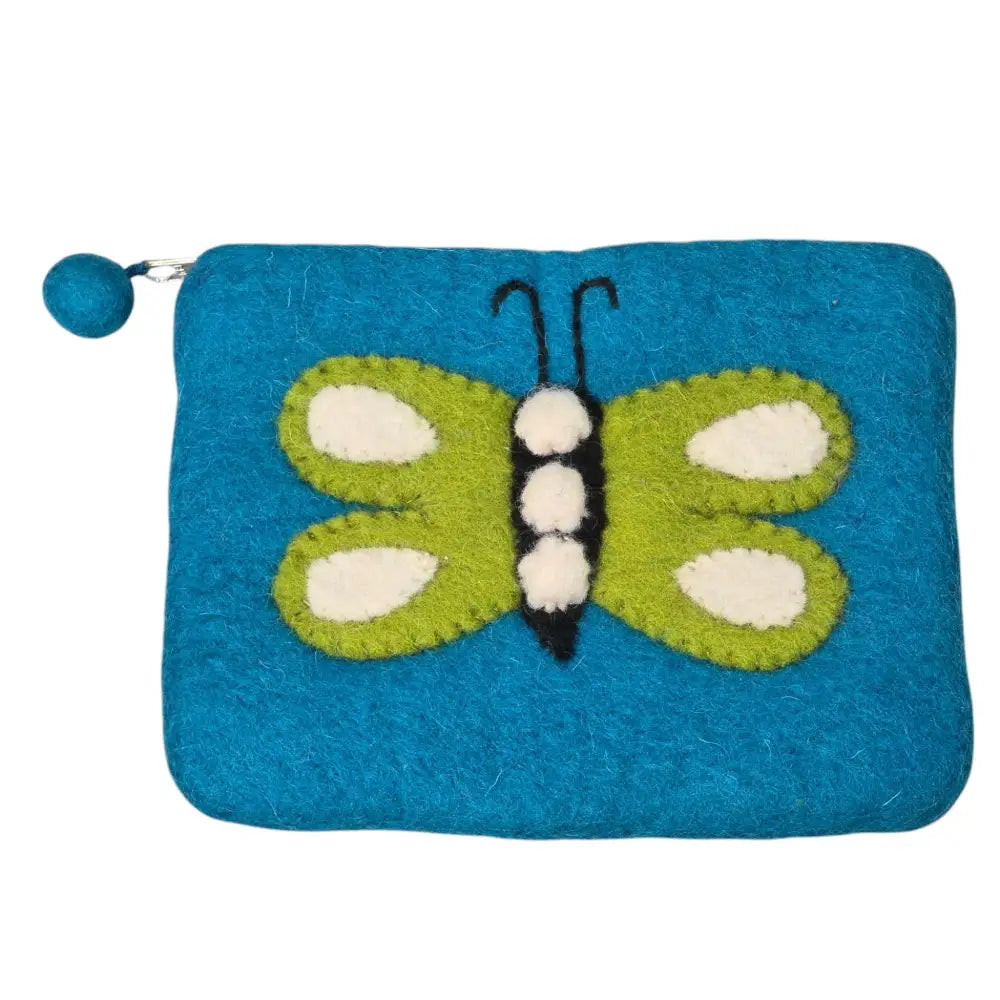 Hand Crafted Wool Felt Coin Purse Teal in Color Emblazoned with a Butterfly
