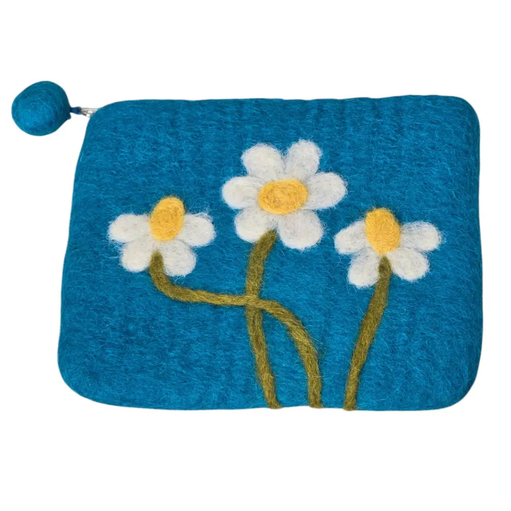 Hand Crafted Wool Felt Coin Purse Teal in Color Emblazoned with a Daisy Flower