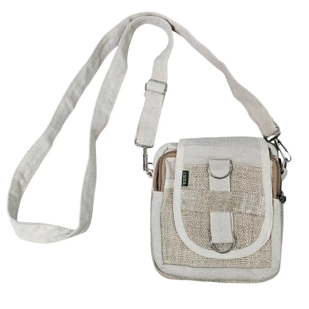 Hand Woven Hemp Small Crossbody Bad with 2 Zippered Compartments and Fold Over Flap