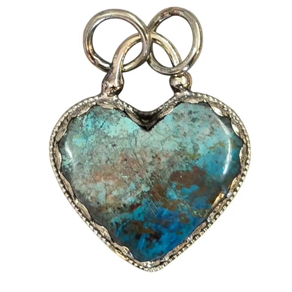 Handmade Chrysocolla Heart Shaped Pendant Featuring a Tibetan Silver Design