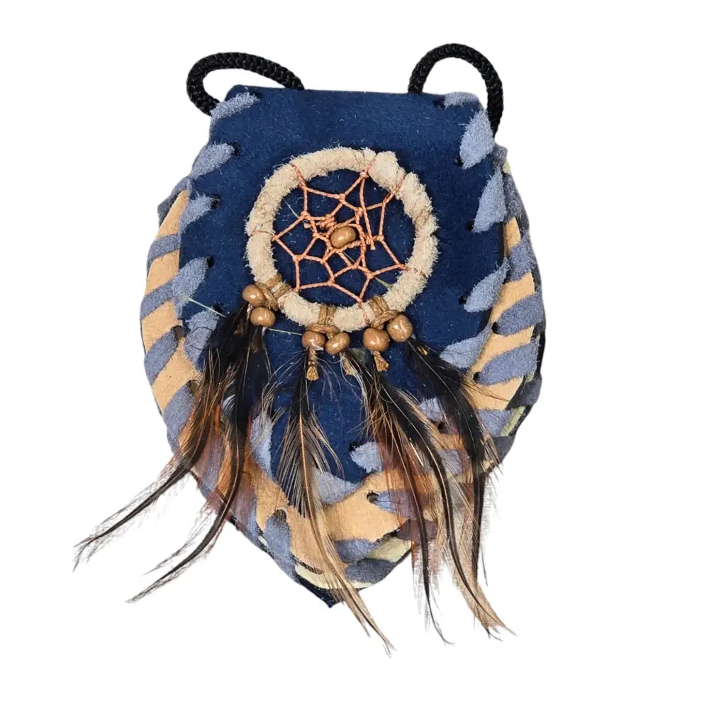 Handmade Leather Amulet Bag Adorned with Dreamcatcher; Blue in Color