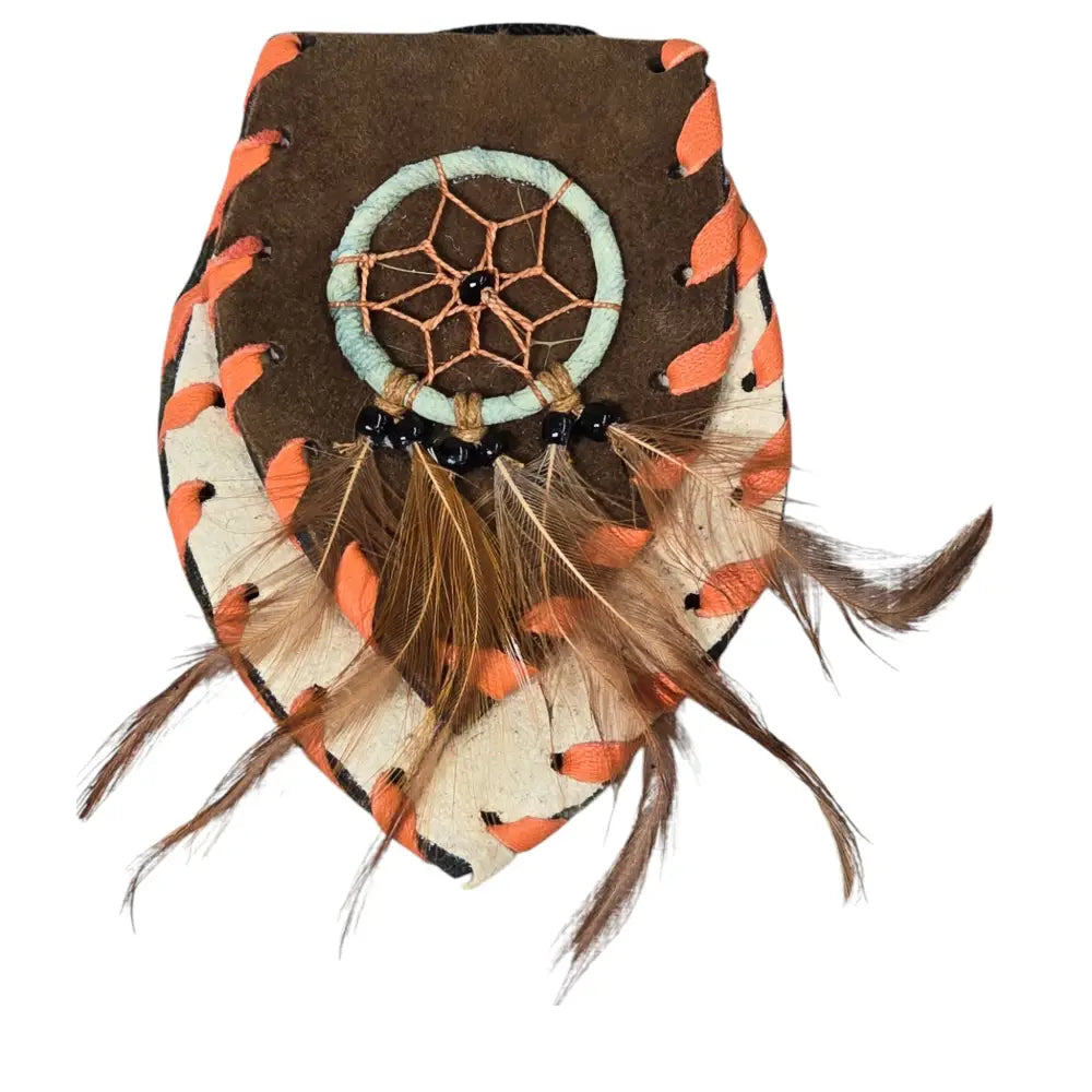 Handmade Leather Amulet Bag Adorned with Dreamcatcher; Brown in Color