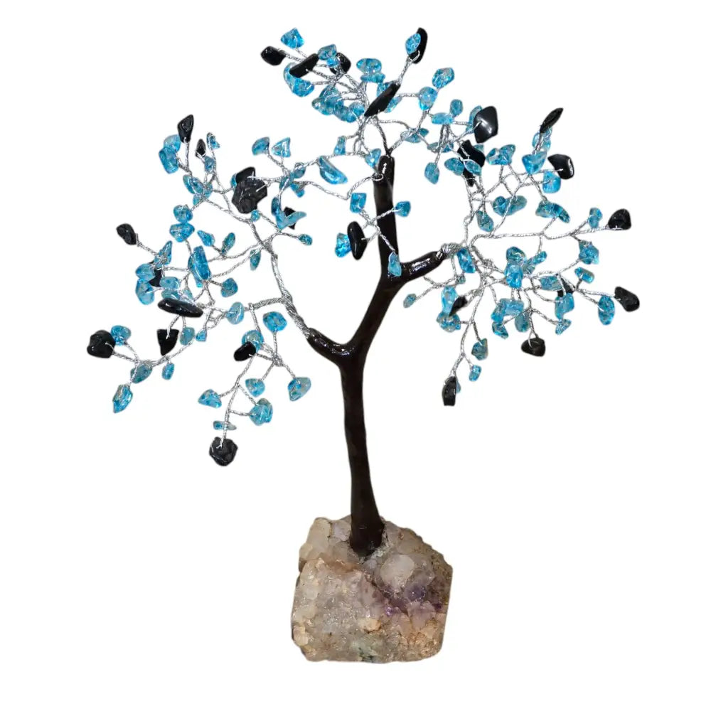Handmade Natural Stone Blue Tiger’s Eye & Blue Quartz Crystal Tree