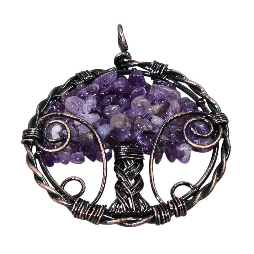Handmade Wire-Wrapped Amethyst Crystal Tree of Life Pendant