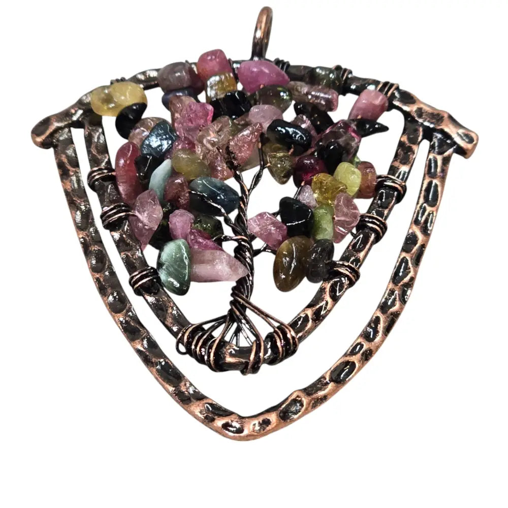 Handmade Wire-Wrapped Multi-Colored Crystal Tree of Life Pendant