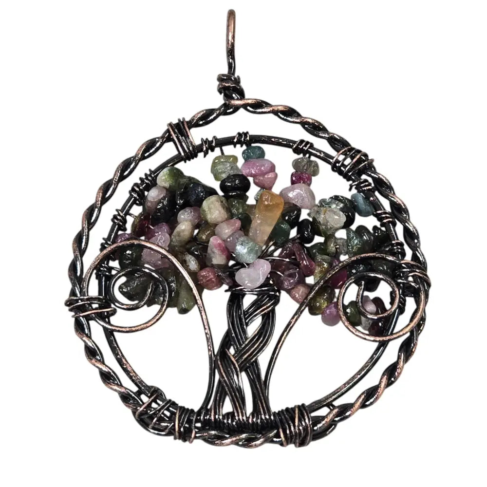 Handmade Wire-Wrapped Multi-Colored Crystal Tree of Life Pendant