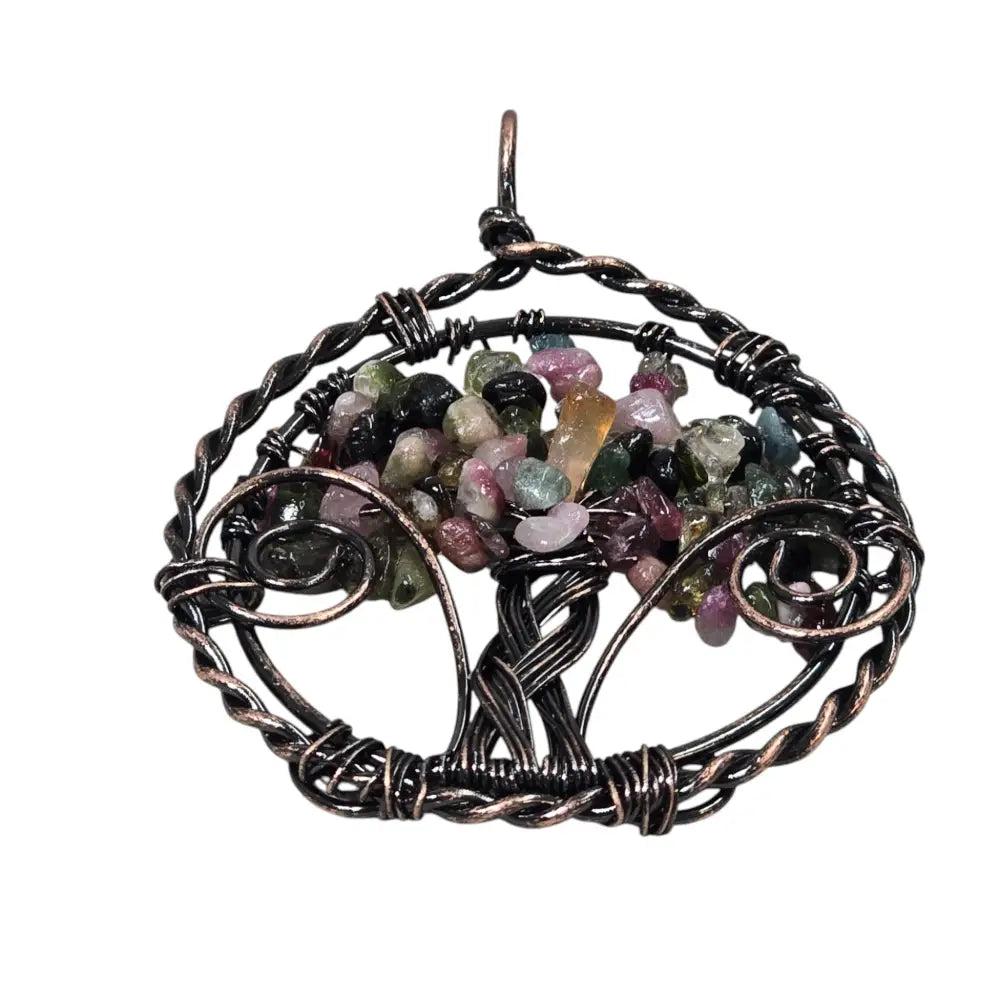 Handmade Wire-Wrapped Multi-Colored Crystal Tree of Life Pendant