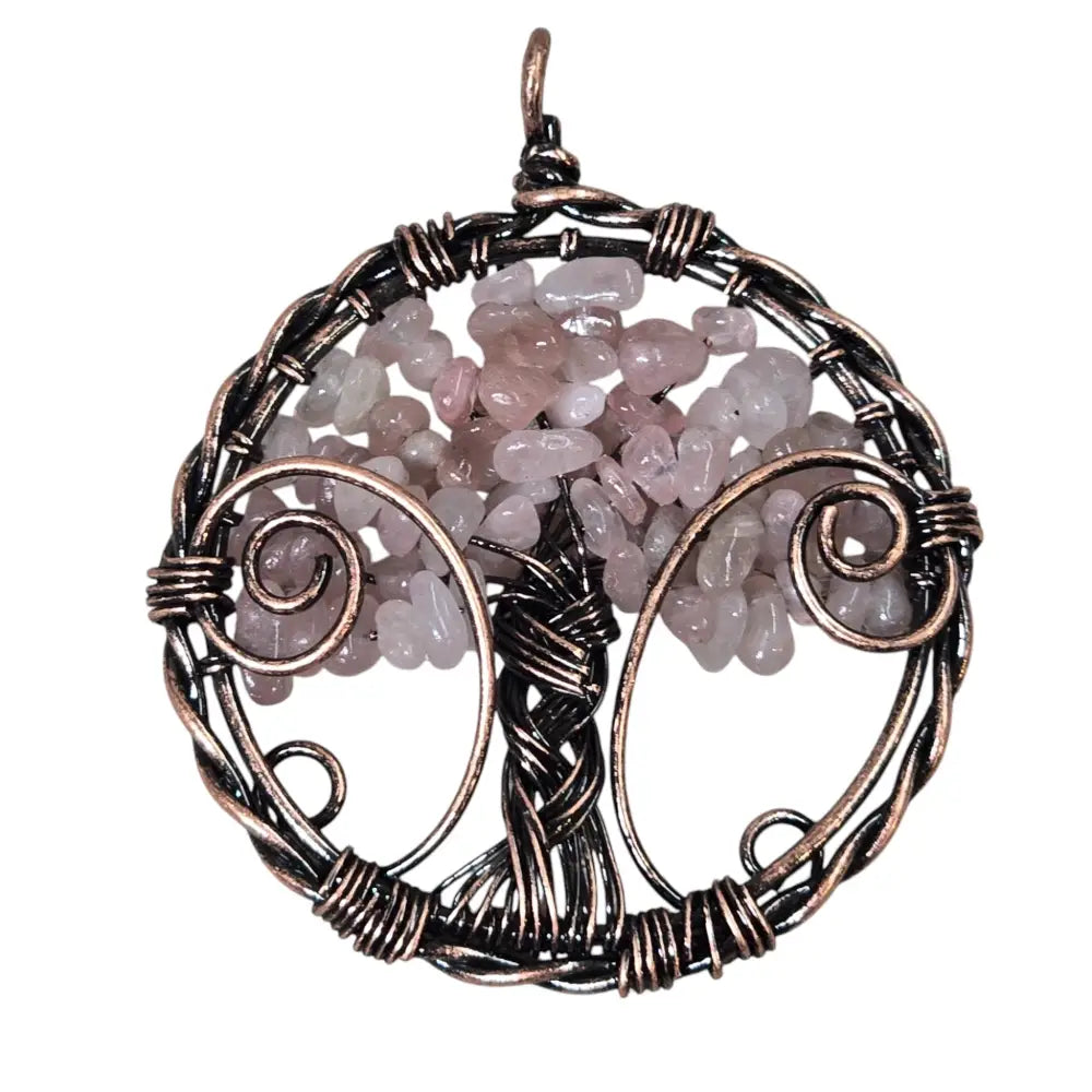 Handmade Wire-Wrapped Rose Quartz Crystal Tree of Life Pendant