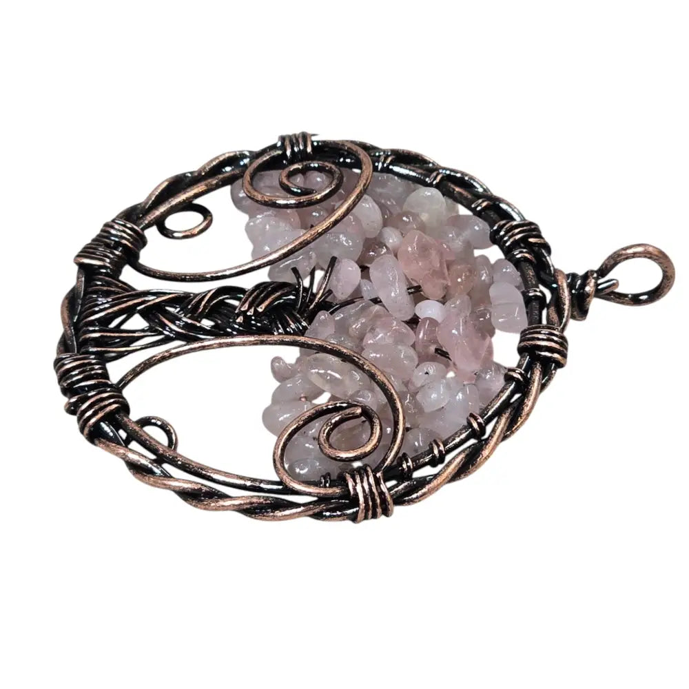 Handmade Wire-Wrapped Rose Quartz Crystal Tree of Life Pendant