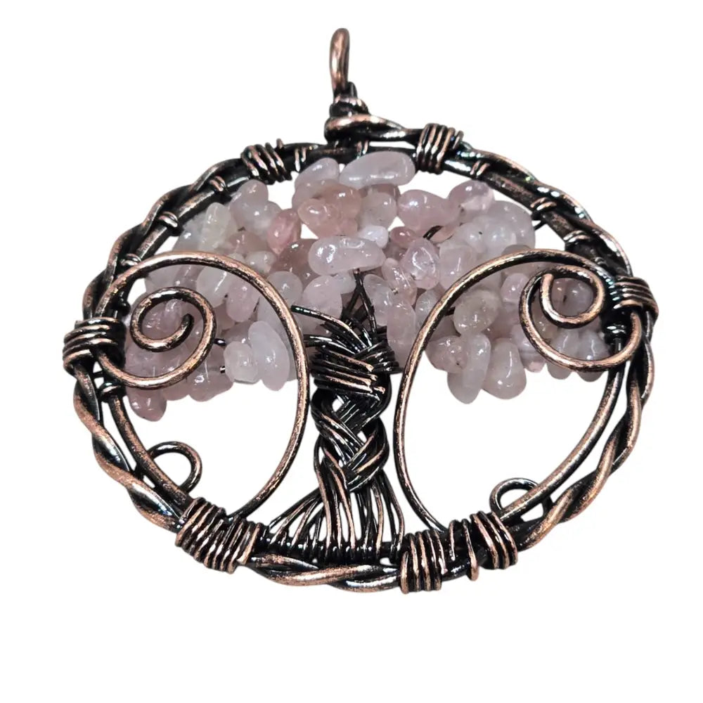 Handmade Wire-Wrapped Rose Quartz Crystal Tree of Life Pendant