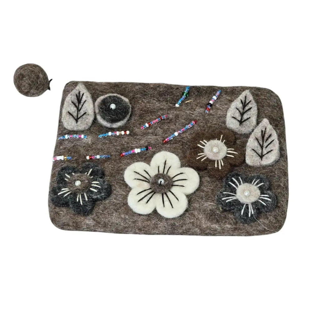 Handmade Wool Felt Coin Purse Dark Brown in Color and Emblazoned with Flowers and Beads