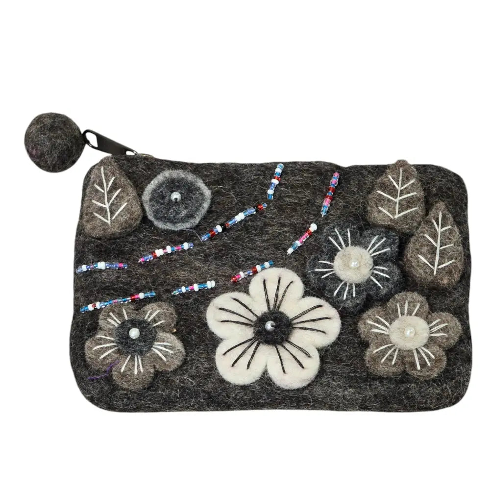 Handmade Wool Felt Coin Purse Dark Gray in Color and Emblazoned with Flowers and Beads