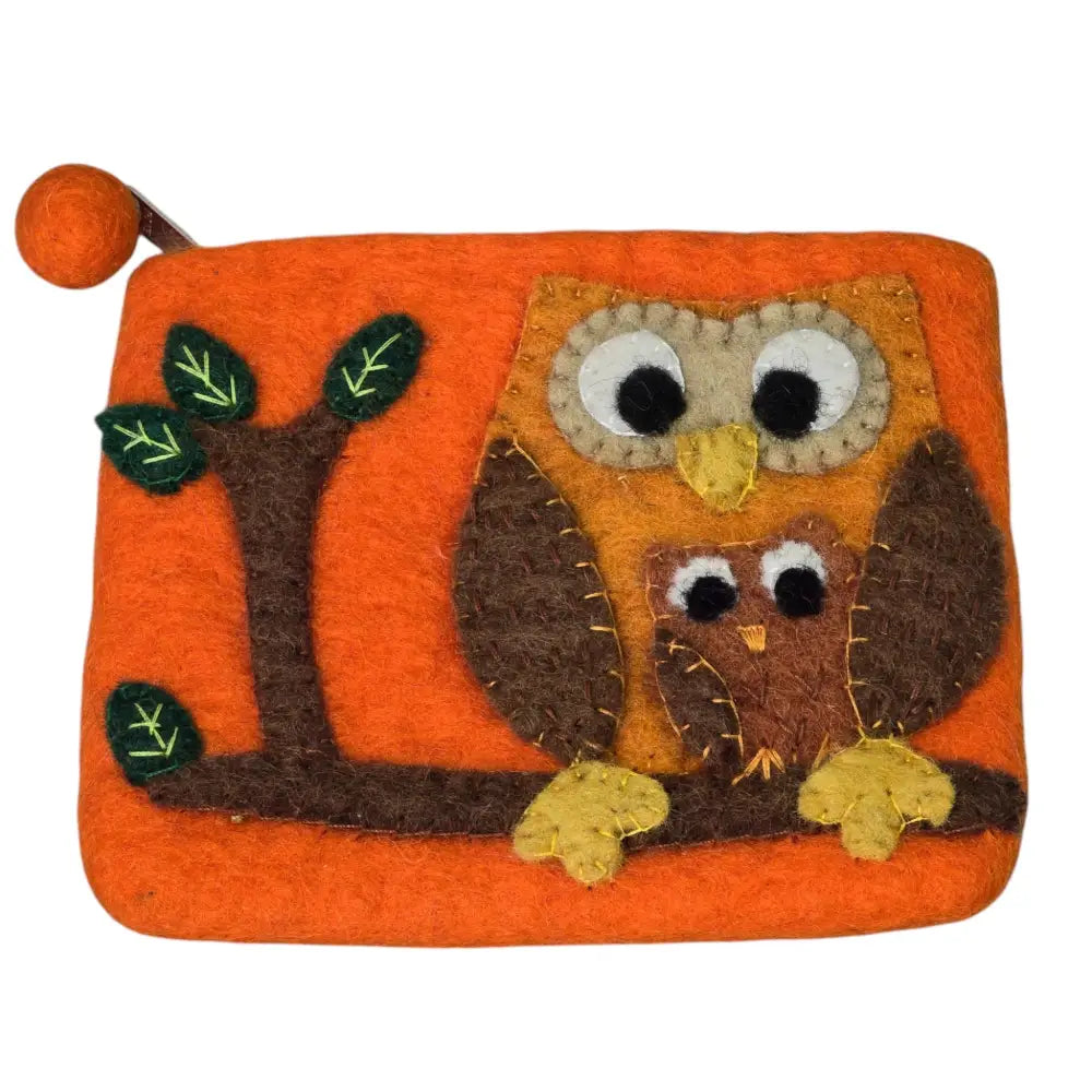 Handmade Wool Felt Coin Purse Emblazoned with an Owl Family