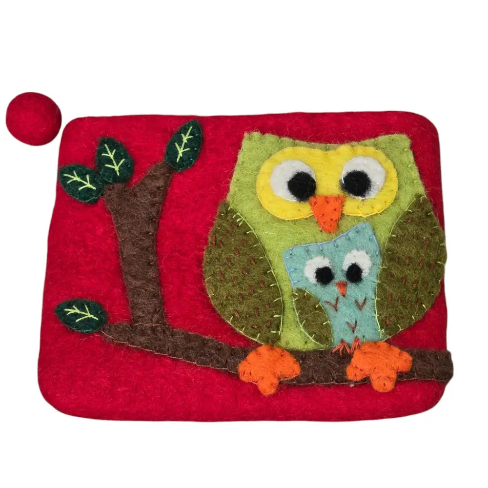 Handmade Wool Felt Coin Purse Emblazoned with an Owl Family